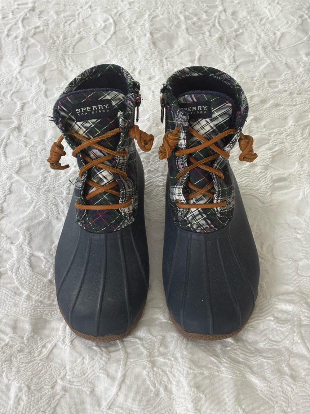 Women’s Sperry Top-Sider Saltwater Plaid Duck Boots in Navy with Brown Laces